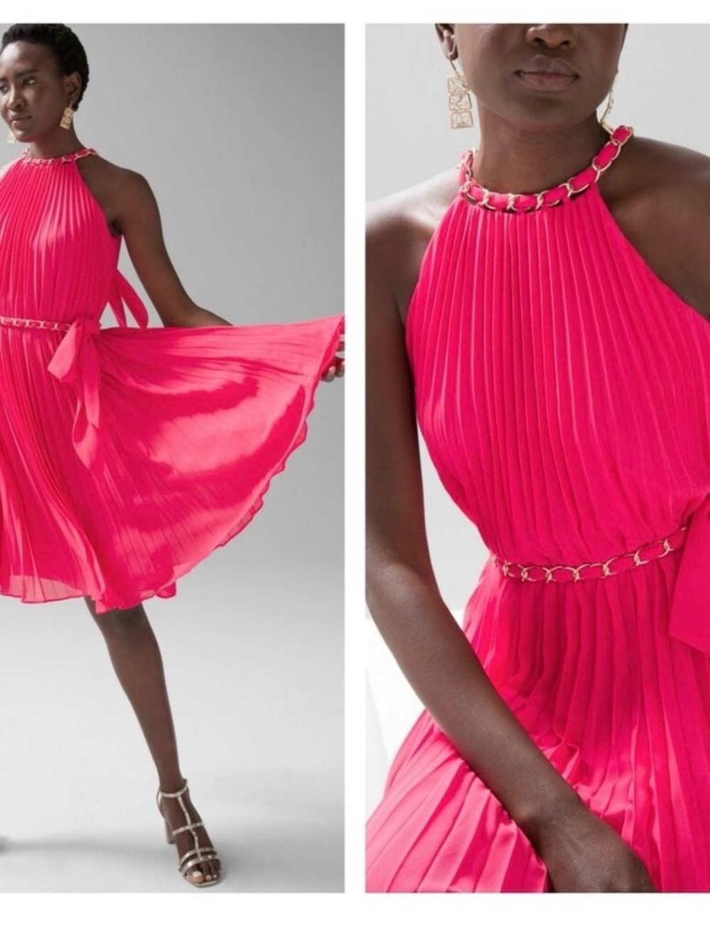White House Black Market Pleated Halter Midi Dress in Vibrant Pink NWT sz large